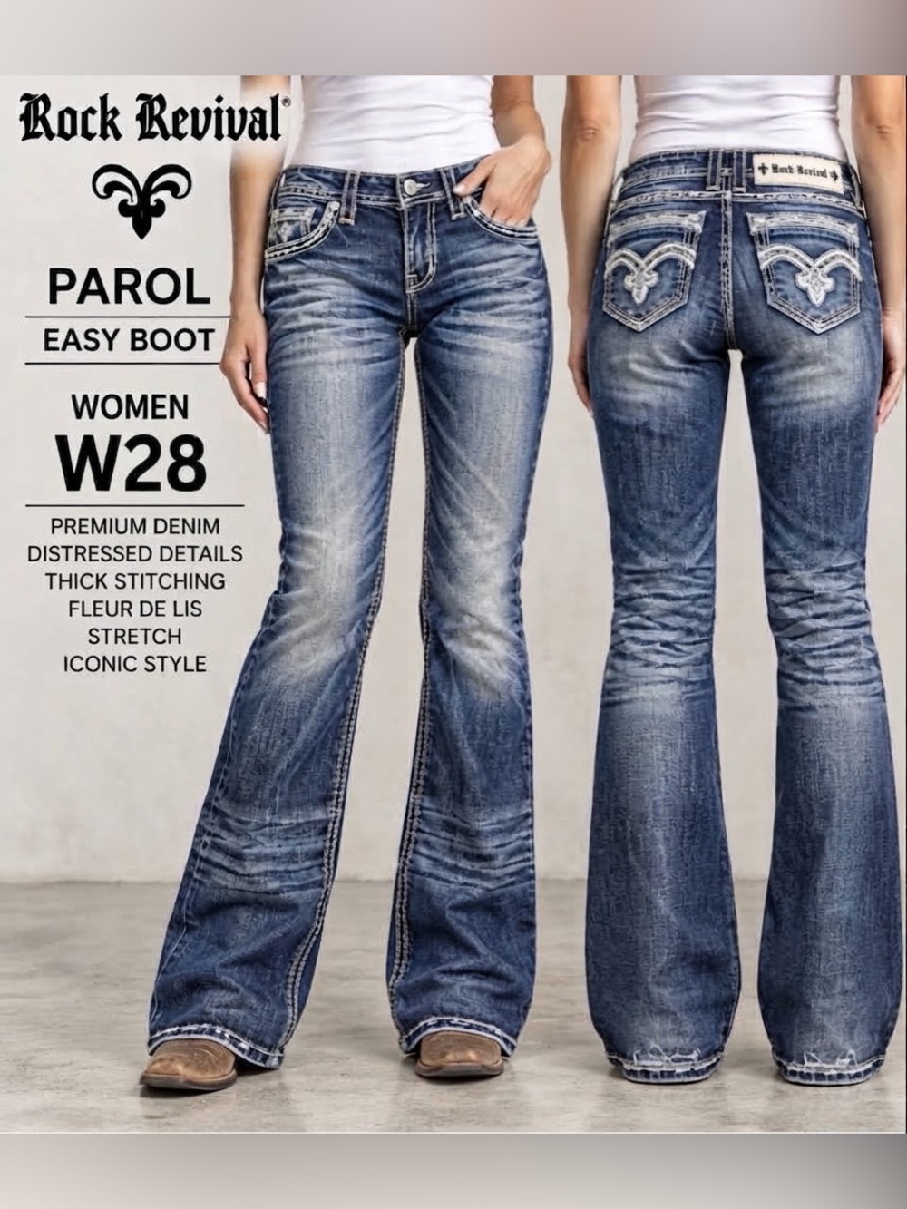 Rock Revival Parol Easy Boot Women W28 Fleur De Lis Thick Stitch Stretch Jeans